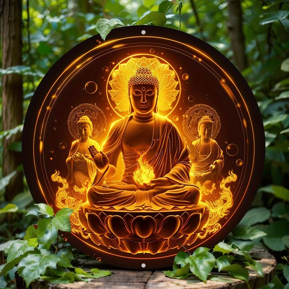 

Round Aluminum Buddha Statue Wreath Sign, Durable Metal Wall Art, Home Decor, Decorative Wall Poster, 8x8in, 11.8x11.8in, 1PC