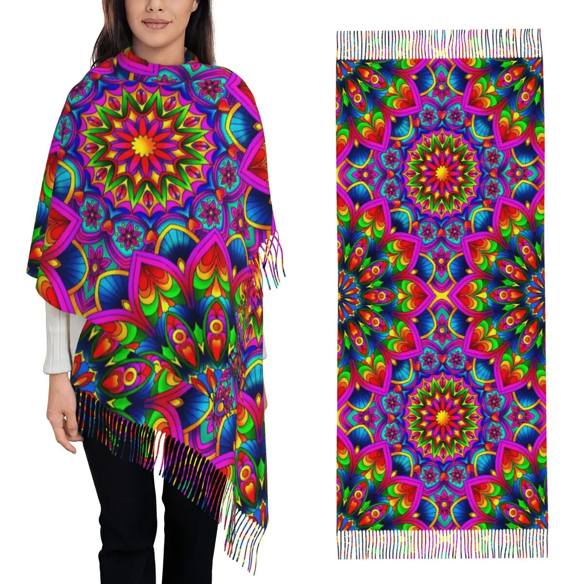 

Психоделический летний цветной шарф с принтом мандалы, шарфы с кисточками, женские мягкие теплые шали и накидки, длинная осенне-зимняя шаль