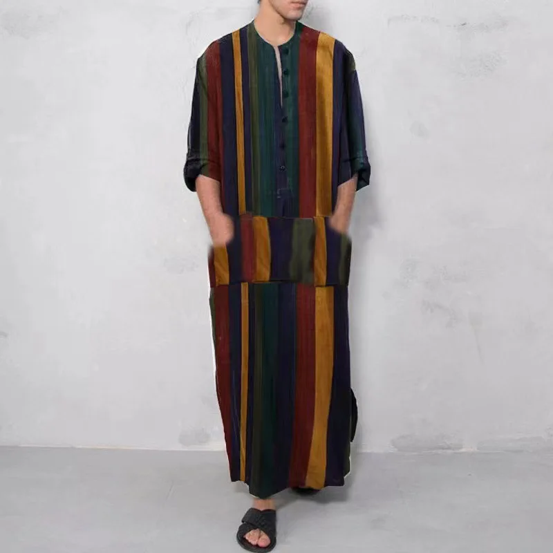 Luxury Men's Colourful Printing Striped Kaftan Muslim Robe Arabic Buttons Loose Tuic Tops Muslim Robe Men for Middle East Arabic