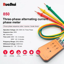 RuoShui 850 Three Phase Indicator cable tracker Rotation Phase Sequence Tester with LED Light Indicator 200V- 400V Voltage Meter