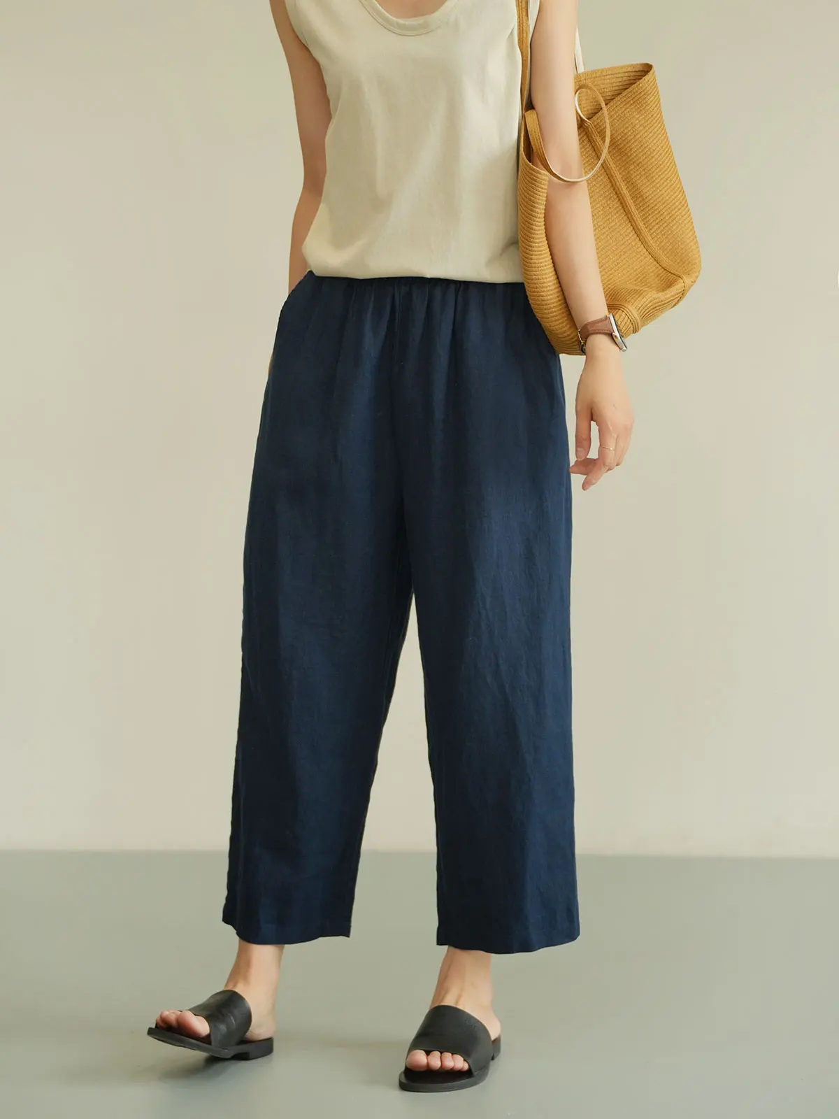 

Льняные брюки-палаццо женские, повседневные летние модные брюки-харланы больших размеров с эластичным поясом и карманами