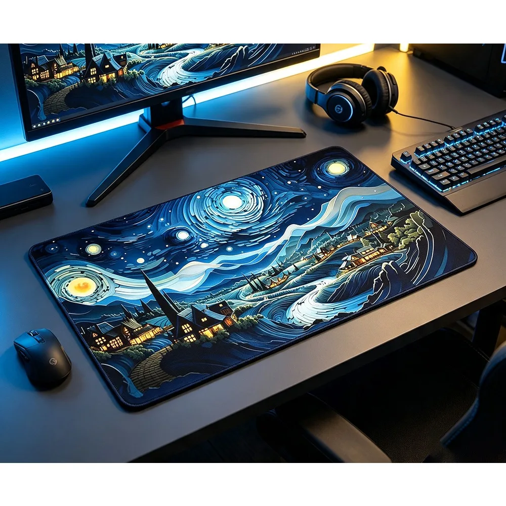 Starry Night Village Pattern PlayMat Durable Office Deskpad Parties Gathering Card GameMat Non-slip Keyboard PC Game Mouse Pad