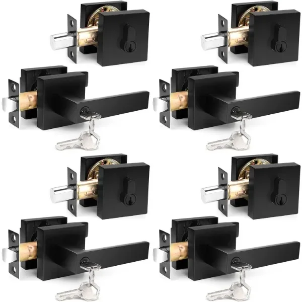 Probrico Square Keyed Entry Levers and Single Cylinder Deadbolts Combo Pack, Flat Black Heavy Duty Entrance Locksets