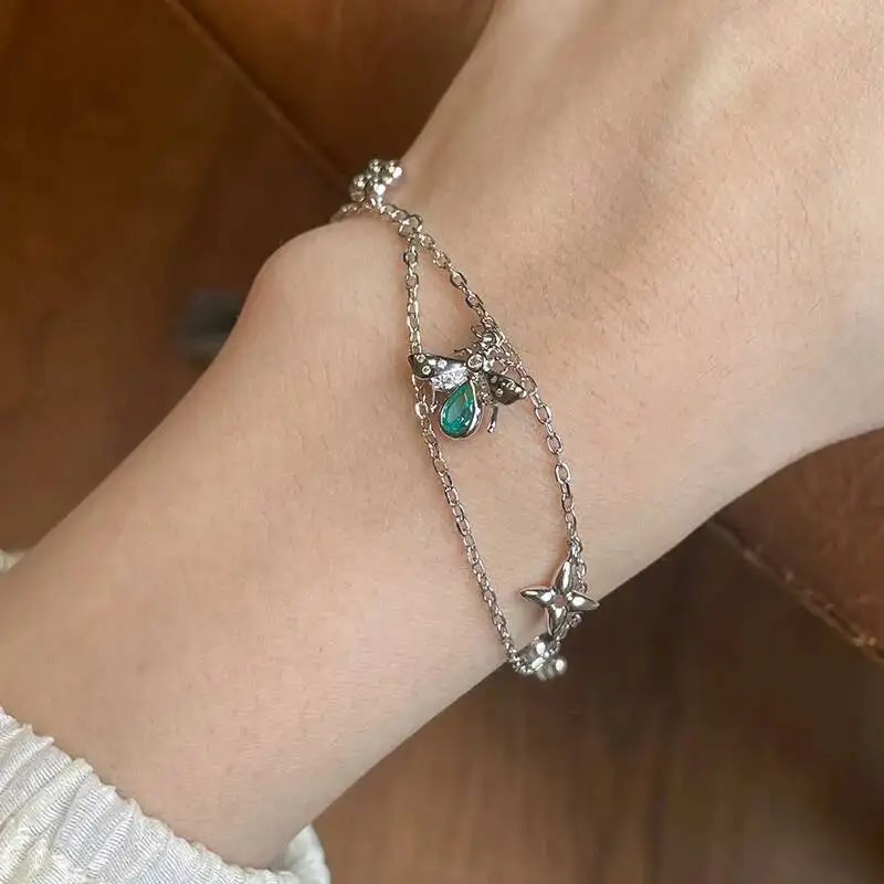 925 Silver High Polished Tourmaline Cubic Zirconia Bee Star Multi Charms Bracelets Women Dainty Trendy 19cm Link Chain Bracelet