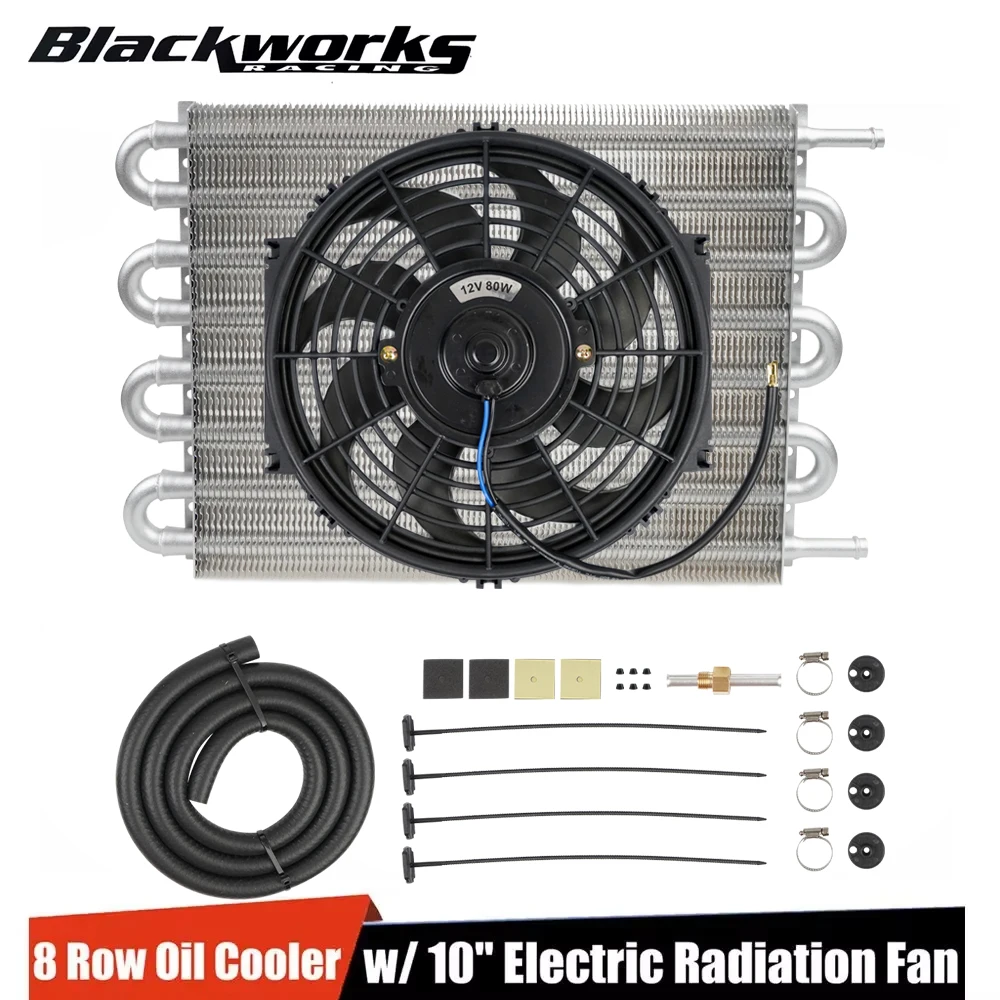 Universal 8 Row Transmission Radiator Oil Cooling + 10 Inch 12V Car Air Conditioning Electronic Slim Fan Cool Kit Aluminum