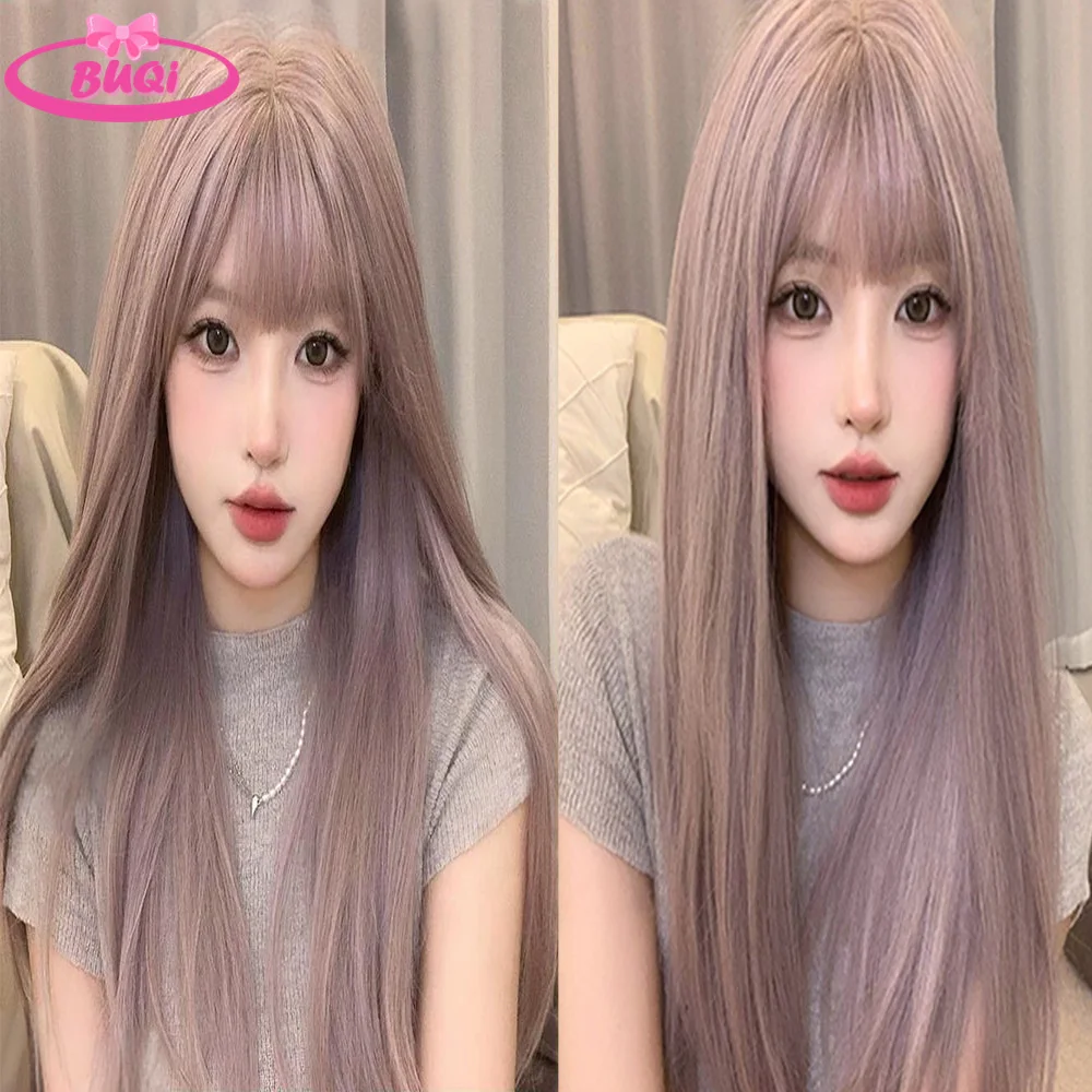 BUQI Long Straight Wig With Bangs Romantic Purple Colors Cosplay Wigs Synthetic Wig Heat-resistant Full Head Hair Extensions