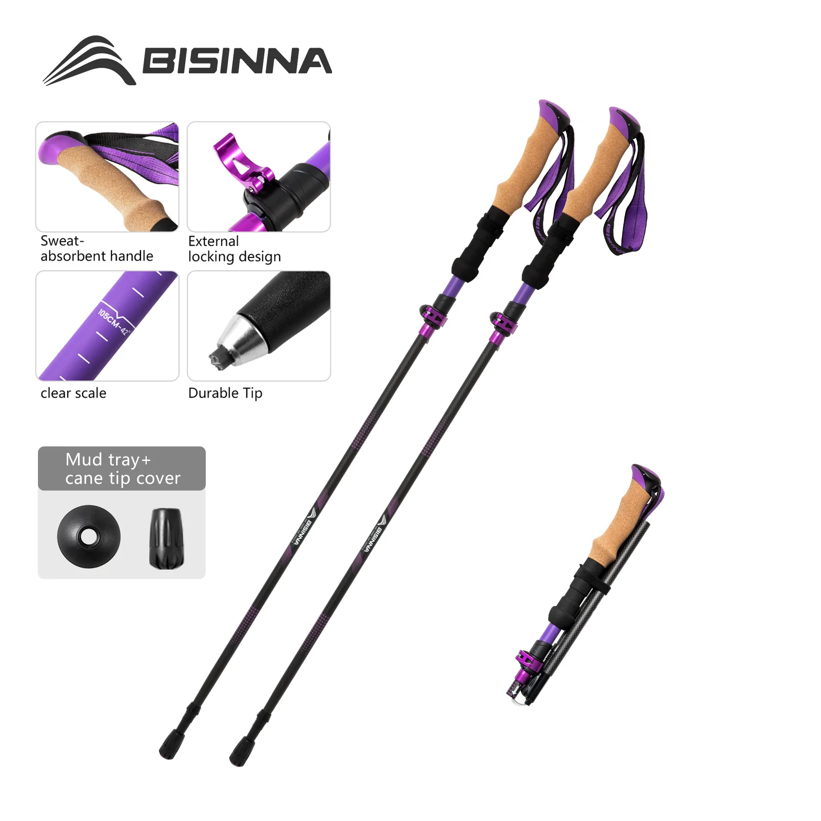 BISINNA, 2 шт., 5-секционные треккинговые палки из углеродного волокна, сверхлегкие складные трости, телескопическая трость для скалолазания и пешего туризма BISINNA, 2 шт., 5-секционные треккинговые палки из углеродного волокна, сверхлегкие складные трости, телескопическая трость для скалолазания и пешего туризма