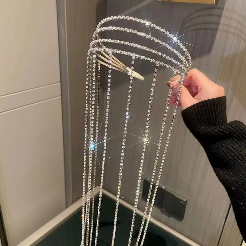 Exaggerated Design Rhinestones Tassel Headband Luxury Reflection Crystal Hair Chain Full Rhinestone Headpiece