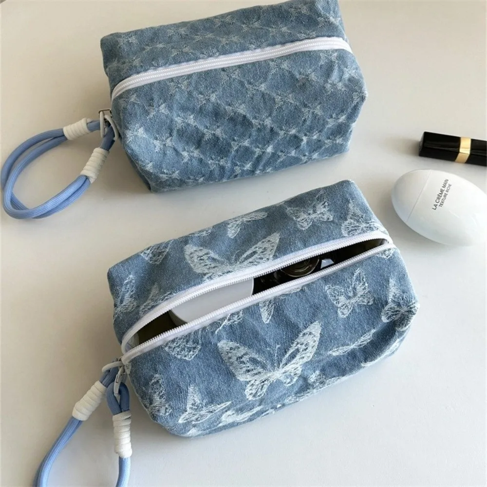 Large Capacity Butterfly Print Cosmetic Pouch Puffy Washable Denim Makeup Bag Pillow Shape Zipper Travel Toiletry Bag