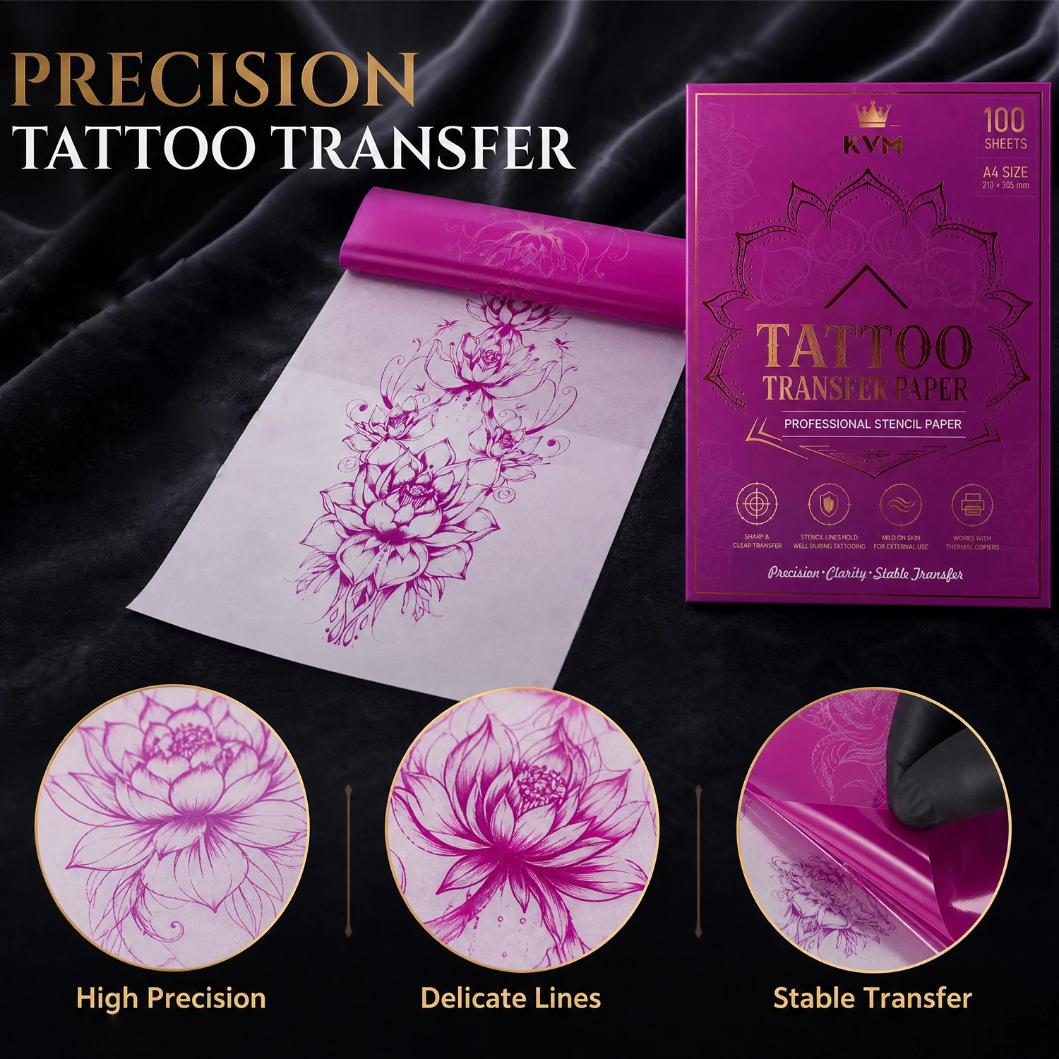 Professional KVM Tattoo Transfer Paper A4 Size 4‑Layer Structure Purple Stencil Sheets Sharp Clean Lines Tattoo Copy Paper