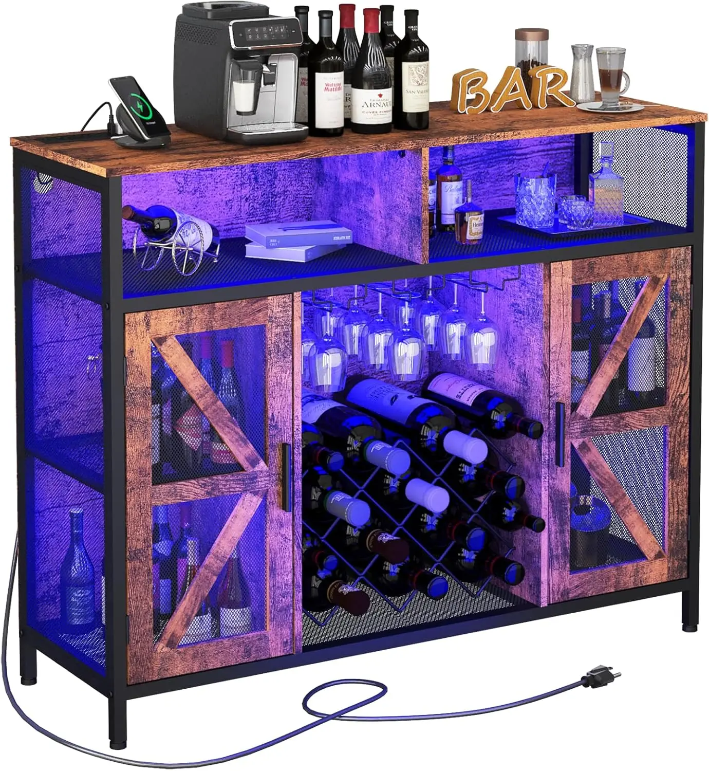 Xxl Led Wine Cabinet Home Bar Cabinets With Power Outlets, Coffee Bar Cabinet Liquor Cabinet For Glasses, Vintage Buffet