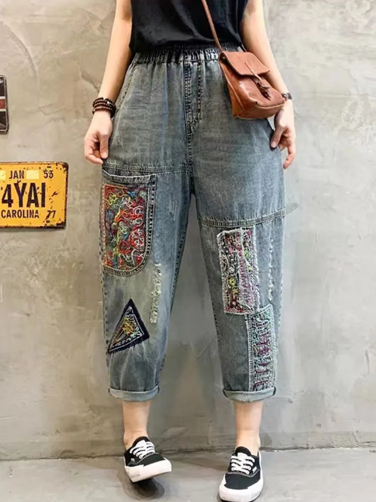 Max LuLu Summer Chinese Design Denim Pants Womens Fashion Holes Embroidery Jeans 2024 Ladies Loose Casual Vintage Harem Trousers