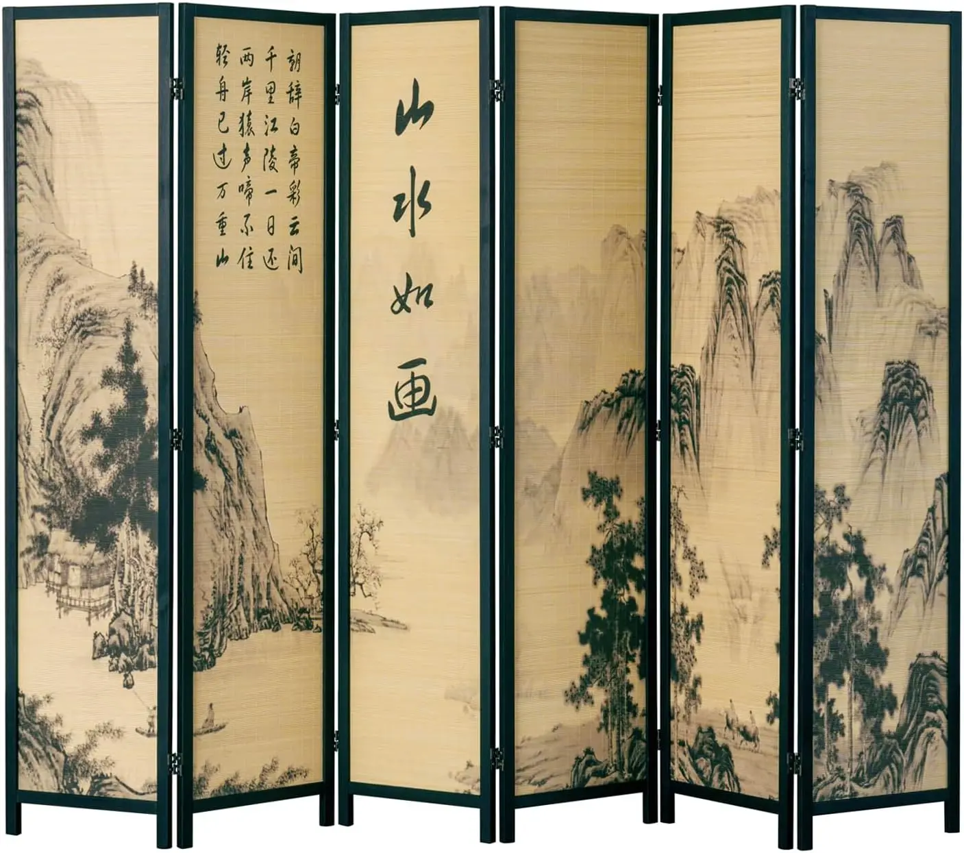 Decorative 6 Panel Folding Room Divider Bamboo Screen with Chinese Calligraphy Design, Freestanding Floral Artwork Room