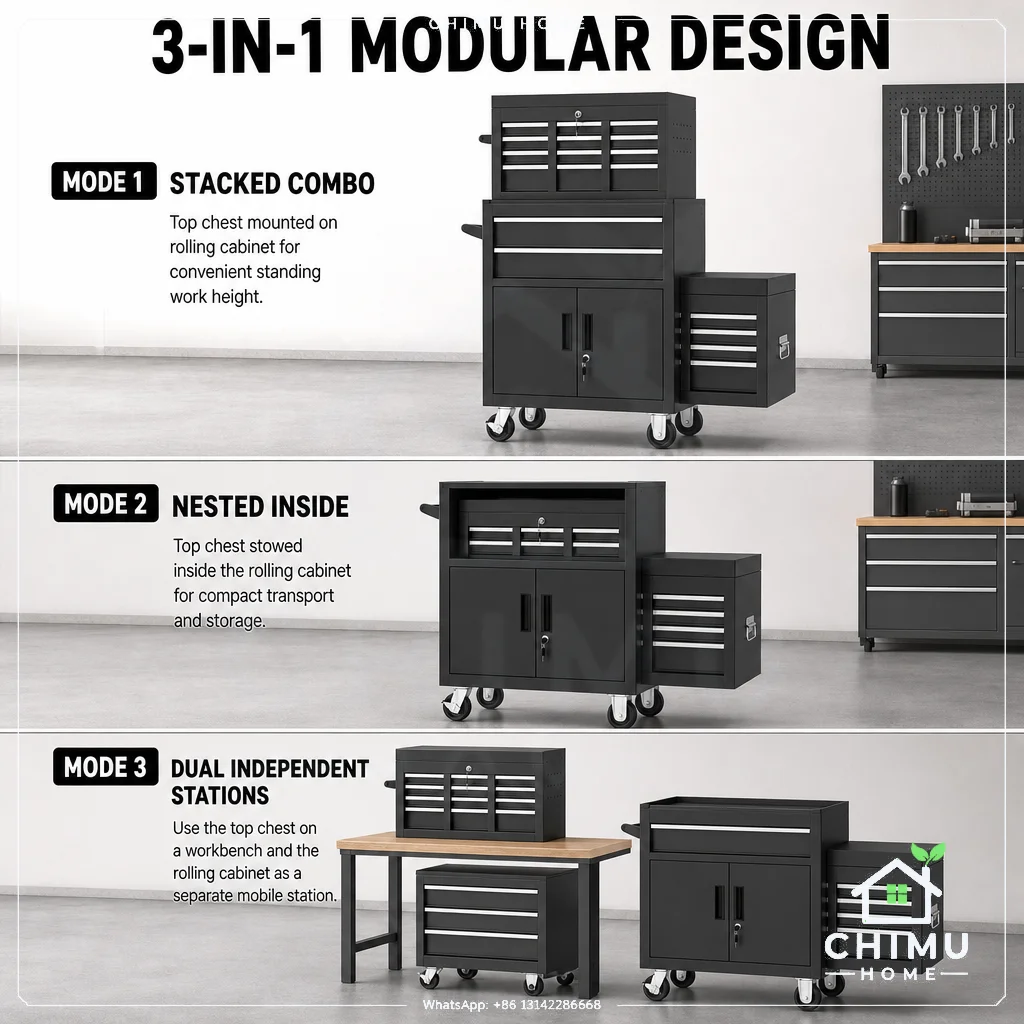 【CHIMU HOME】8 Drawer Rolling Tool Chest Sturdy Built Detachable 2‑in‑1 Steel Mobile Cabinet Combo for Garage Workshop Lockable