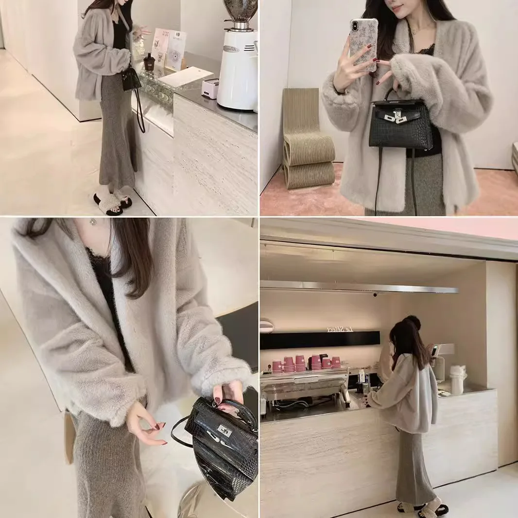 Faux Pelz Mäntel Frauen V-ausschnitt Mantel Strickjacke Jacken Solide Gespleißt Jacke Lose Streetwear Oberbekleidung Splice Dicke Warme Winter