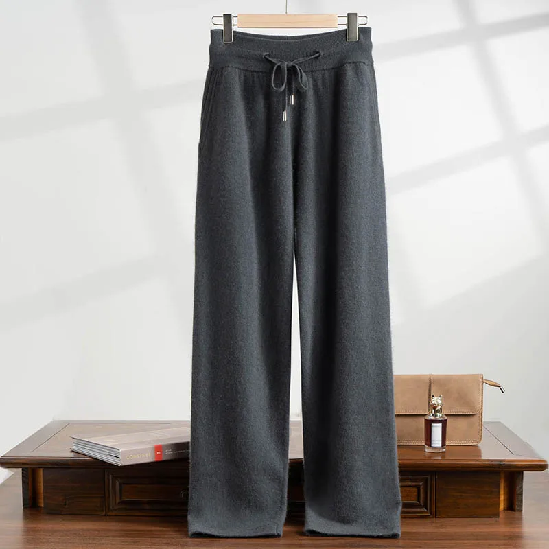 

2025 Men 100% Cashmere Pants Autumn Winter Thick Smart Casual Wide Leg Pants Elasticated Waist Cashmere Knit Trousers Warm Comfy