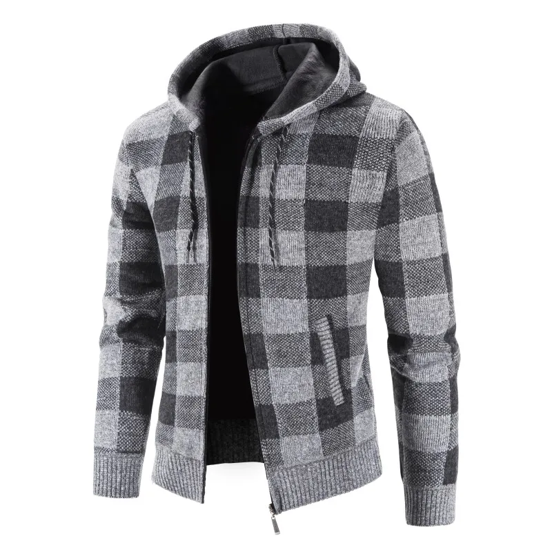 Men Plus Velvet Thick Plaid Sweater Plus Size Men's Jacket Hooded Cardigan Hooded Fashion Hoodie Men  Vintage Hoodie Men 4XL