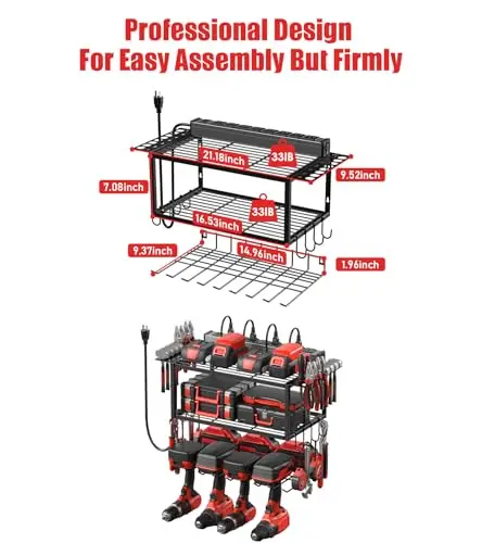 

3-Tier Wall-Mounted Metal Tool Storage Shelf With Built-In Charging Hub, 8-Outlet Power Strip, 4 Drill Holders And Hanging Hooks