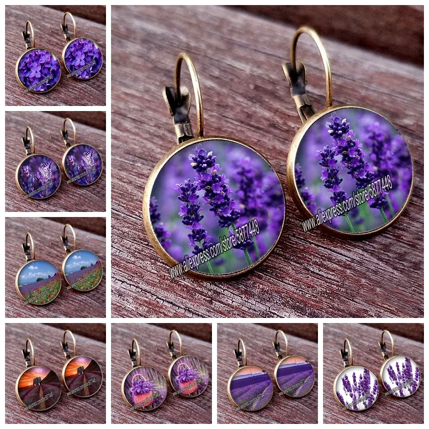 New Arrival Lavender Flower Women Stud Earring  Purple Flower Glass Cabochon Womens Earrings