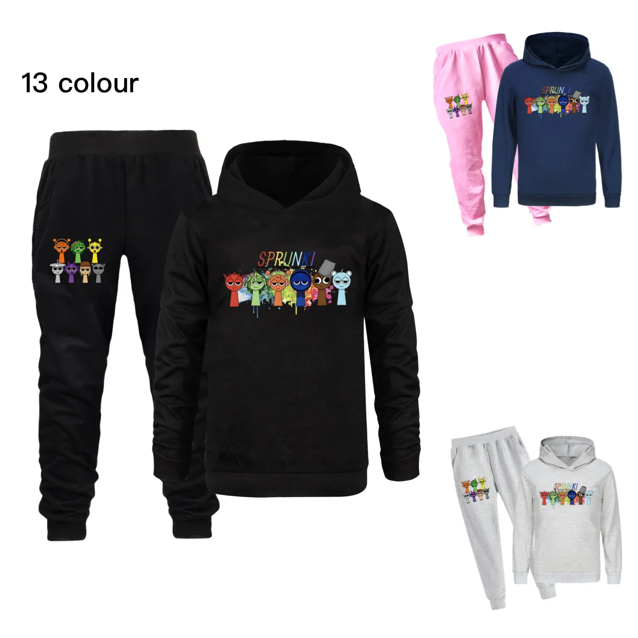 New Sprunki Clothes Set Kids Cartoon Incredibox Hoodie Boys Spring Fall Tracksuit Boys Hooded Sweatshirt Tops Pants 2-piece Sets