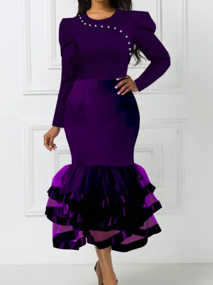 Purple Dresses Mermaid Mesh Long Sleeves Beading Party for Women Package Hip Wedding Guest Female Gowns Occasion Winter African