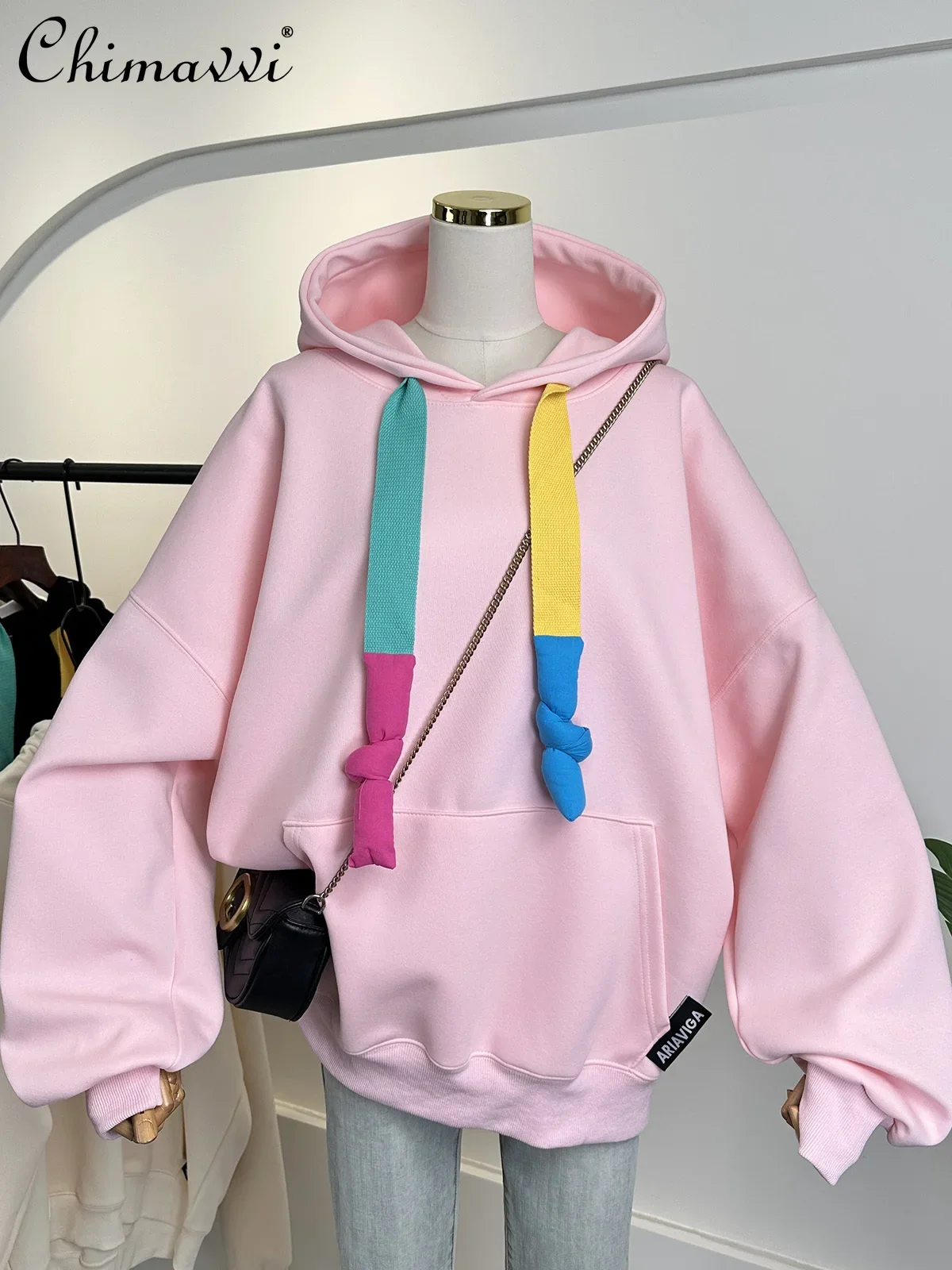 Autumn Korean Fashion Color Drawstring Loose Large Version Oversize Hooded Sweatshirt Autumn Casual Long-sleeved Pullover Top