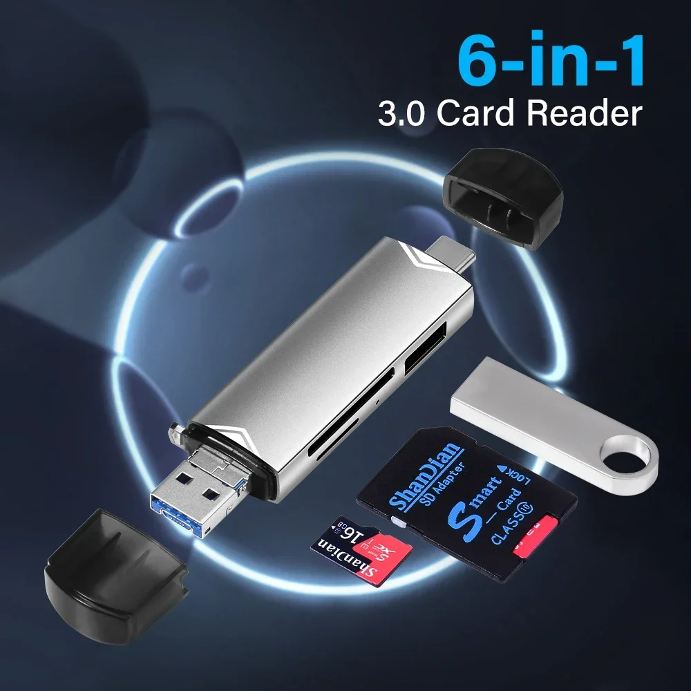 6-in-1 TYPE-C USB 3.0 Mini Memory Card Multifunction Card Reader External Storage Black Stretch for Memory Stick Card Reader