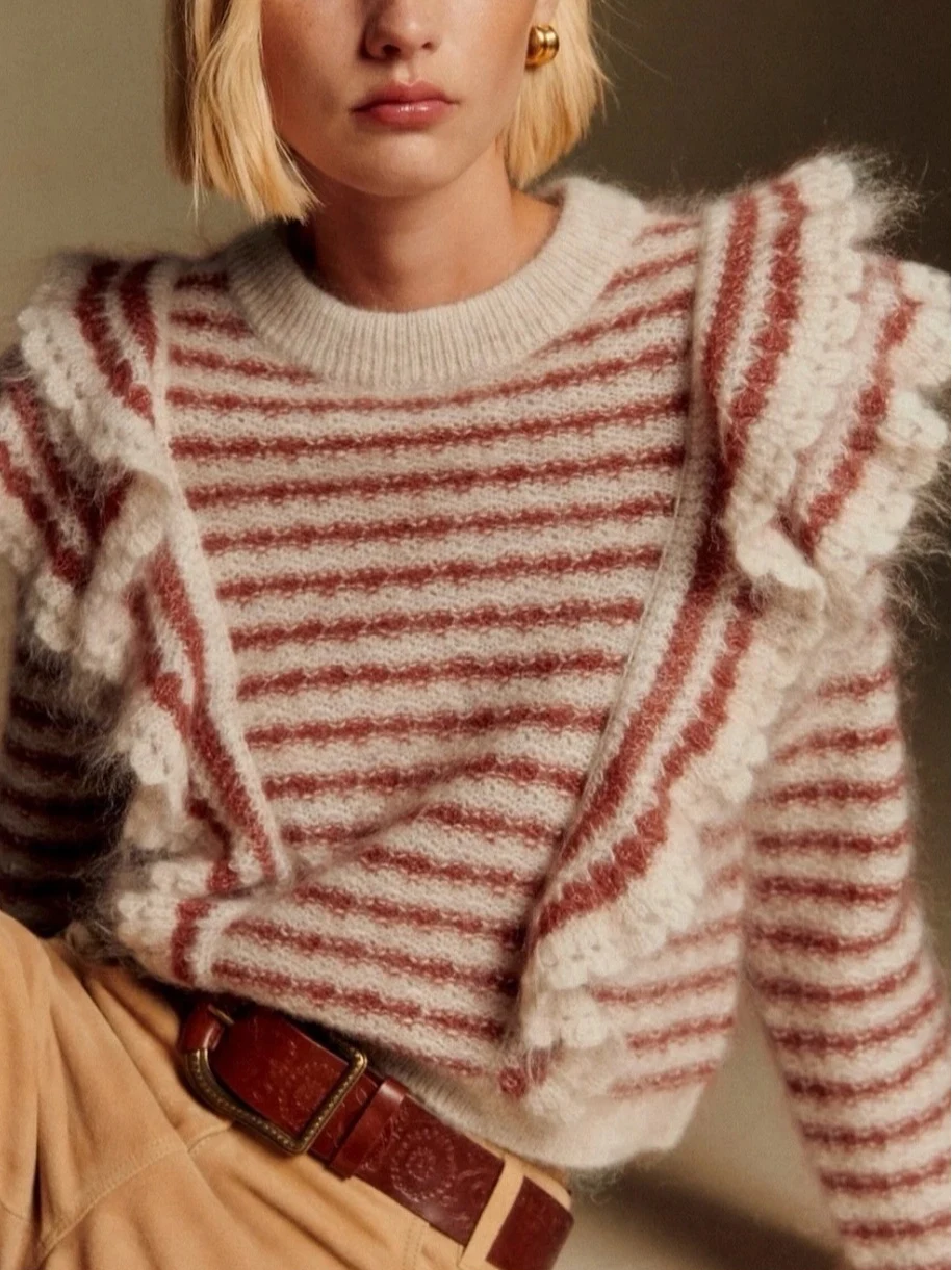 

HEIDD SE2025 Autumn Winter Anti-Aging Ruffle Decorated round Ne Striped Camere Knitwear Women's Loose Fit Long Sve