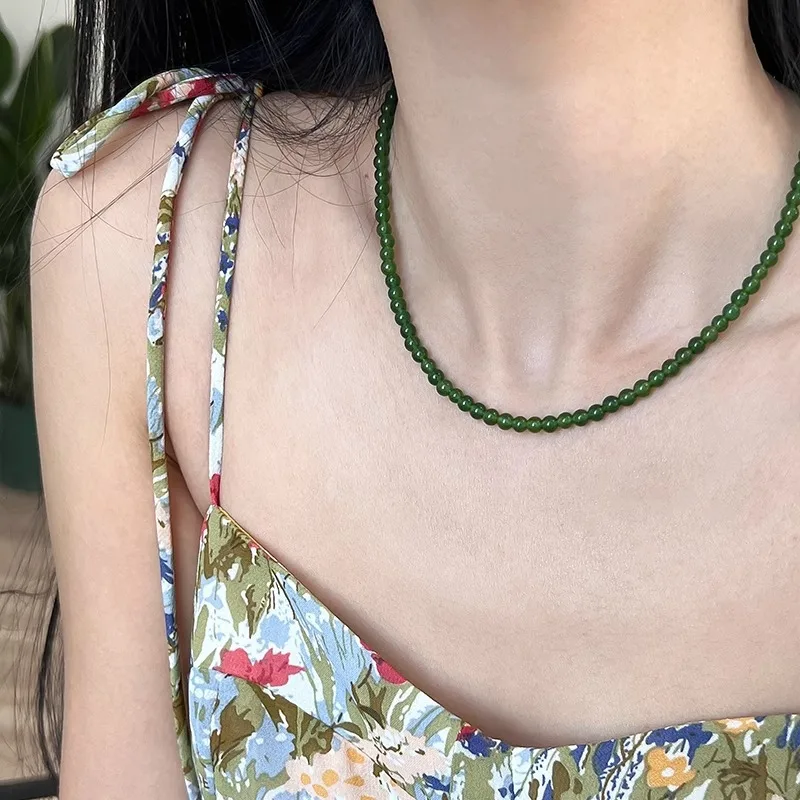 

Green Chalcedony Agate Jadeite Color Series Beaded NecklaceS925Pure Silver Yuan Buckle New Chinese Style Clavicle Chain for Wome