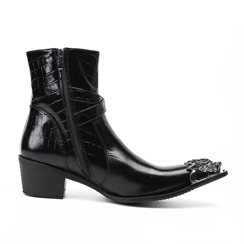 Rock Western Cowboy Men Boots Pointed Metal Tip Black Leather Short Boots Men Punk Motorcycle/Knight Boots for Men!