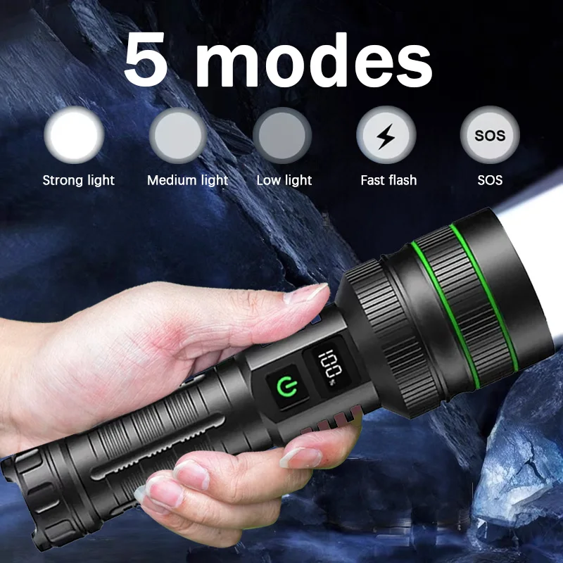 High Power Super Long Range LED Flashlight Type-C Charging Strong Light Tactical Torch Lamp Outdoor Portable Lantern Waterproof