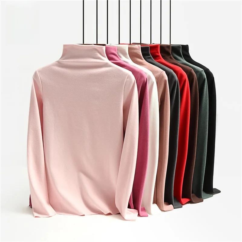 Women's Fleece Lined Thickened Long Sleeve Base Shirt Half High Collar Cotton T-Shirt Slim Fit Inner Wear Autumn Winter Top