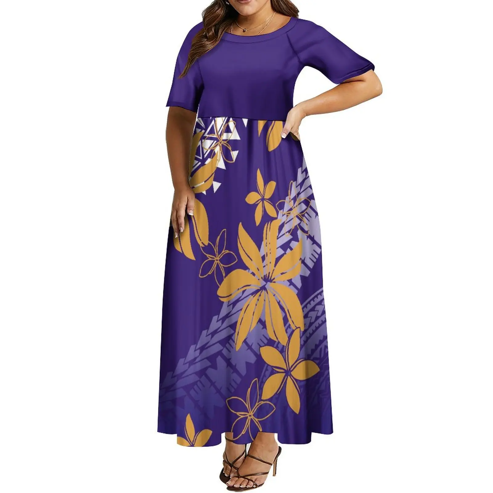 Women's short-sleeved dress Polynesian tribe custom pattern graduation dinner birthday party crew-neck dress