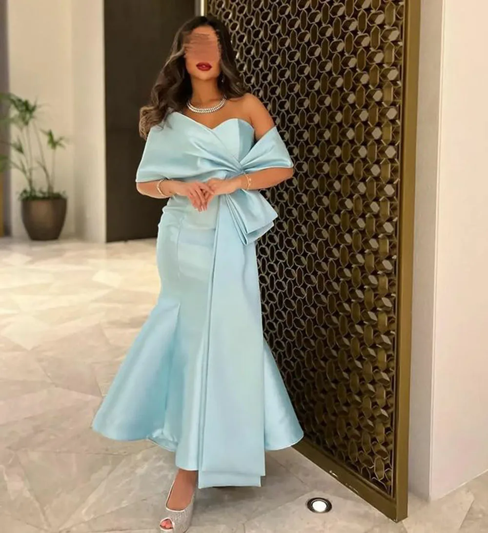 Msikoods céu azul vestido de noite com xale sem alças tornozelo comprimento vestidos de baile arábia dubai vestido de festa 2023