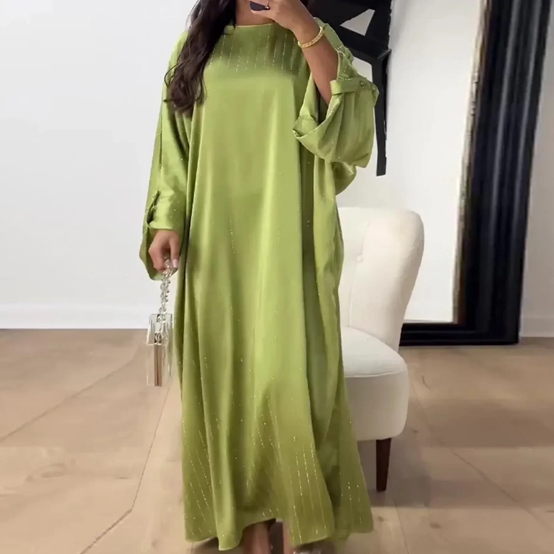 Shiny Satin Abaya for Women Dubai Luxury Glitter Stripe Muslim Party Dress Turkish Abayas Islamic Clothing Evening Caftan Robe