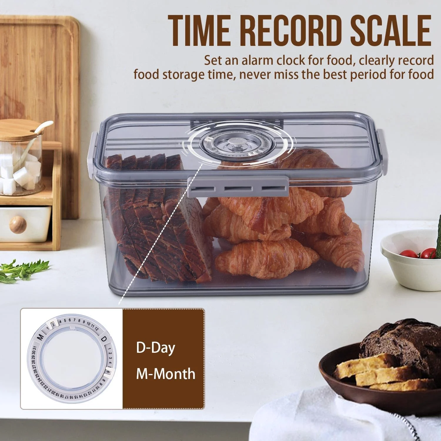 Bread Box for Kitchen Countertop Time Recording Fridge Organizers Storage with Lid for Homemade Toast Bagel Donut Cookies