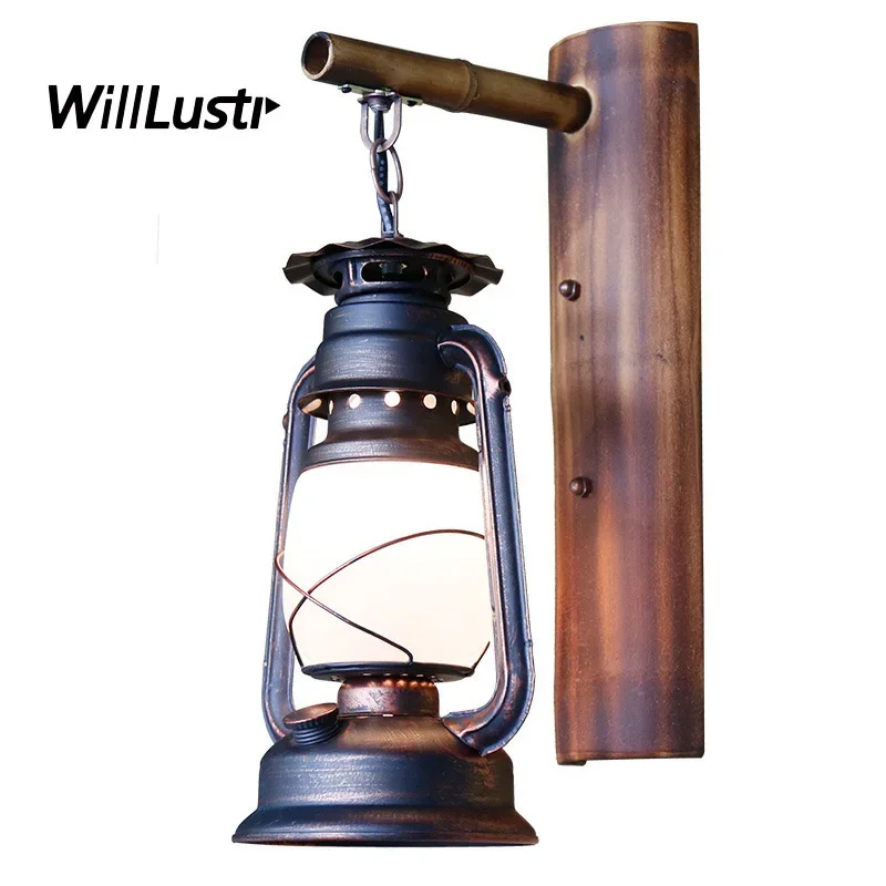 Retro Metal Wall Lamp Nostalgic Barn Lantern Bamboo Glass Sconce for Bar Cafe Corridor Stairway Parlor Balcony Loft Antique Ligh