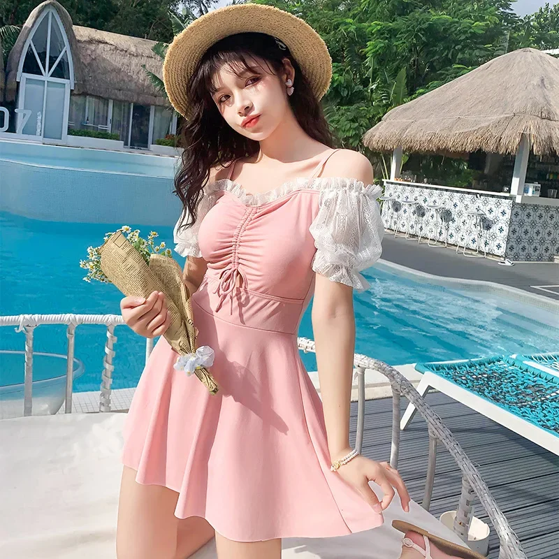 New 2024 Swimwear Women Boxer Shorts Swimming Suit Flounce V Neckline Korean Swimsuit Skirt One Piece Set Women Summer Plus Size