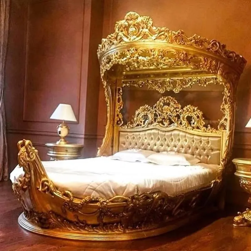 Luxury Boat Style French Fabric Princess Villa Bedroom Furniture Bedroom Set Muebles European-Style Wood Carved Double Bed