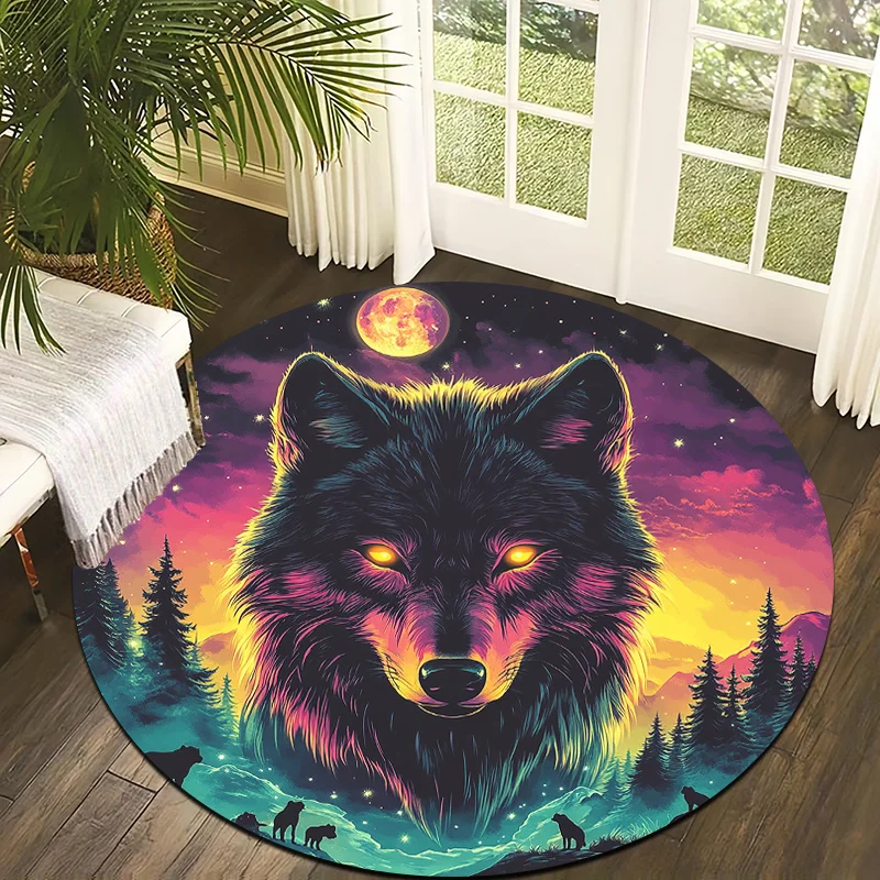 Neon Wild Wolf Flannel-printed round floor mats are slip-resistant Suitable for living room bedroom terrace garden carpets