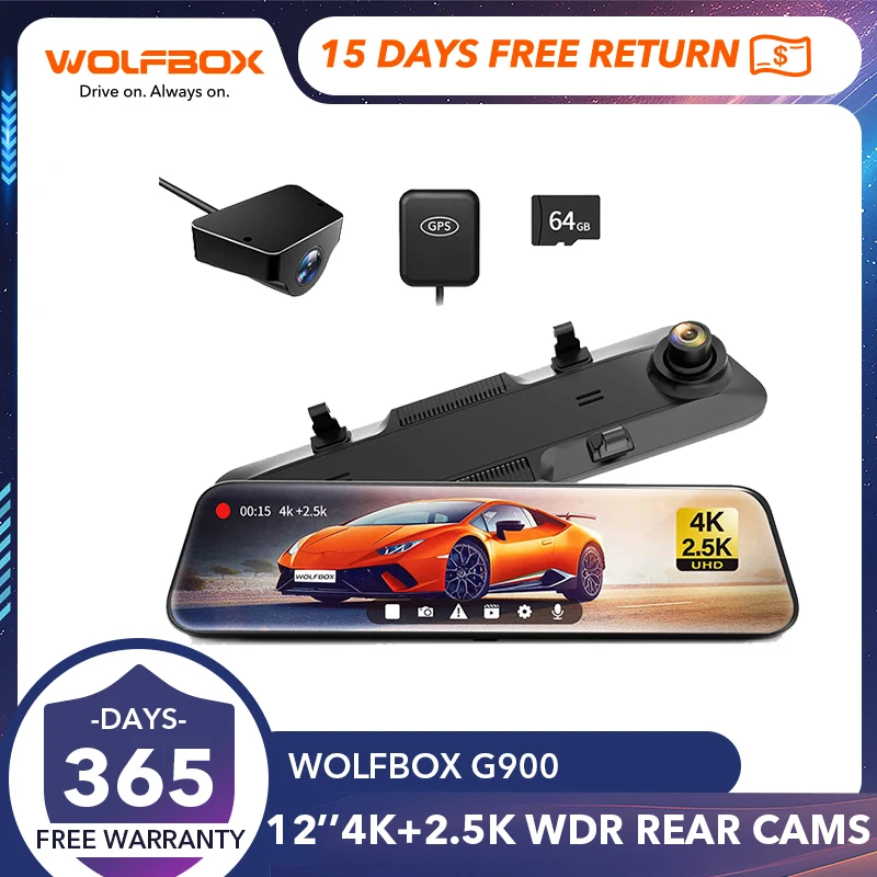 WOLFBOX G900 Rearview Dash Cam 4K 12