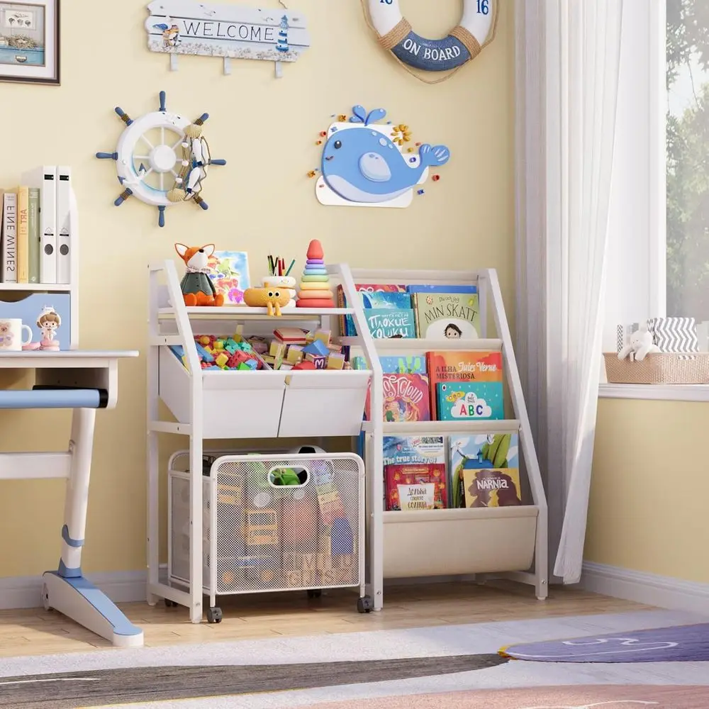 Estantería para niños y organizador de almacenamiento de juguetes, estantería para libros de 3 niveles para habitaciones de niños con cajón móvil, estantería para niños con 2 contenedores de juguetes, T