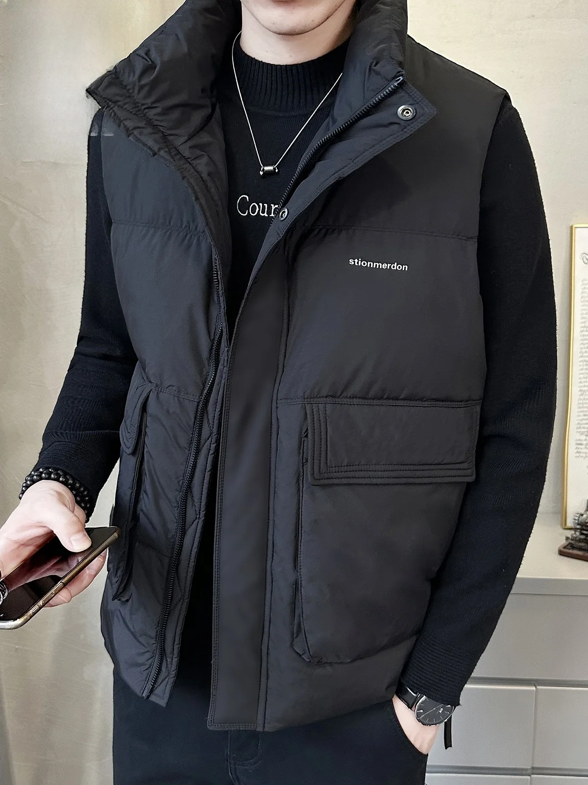 

Men's down Vest Winter Warm Du down Loose Fit Stand Collar White Du Feather Jaet Youth Faion Outerwear