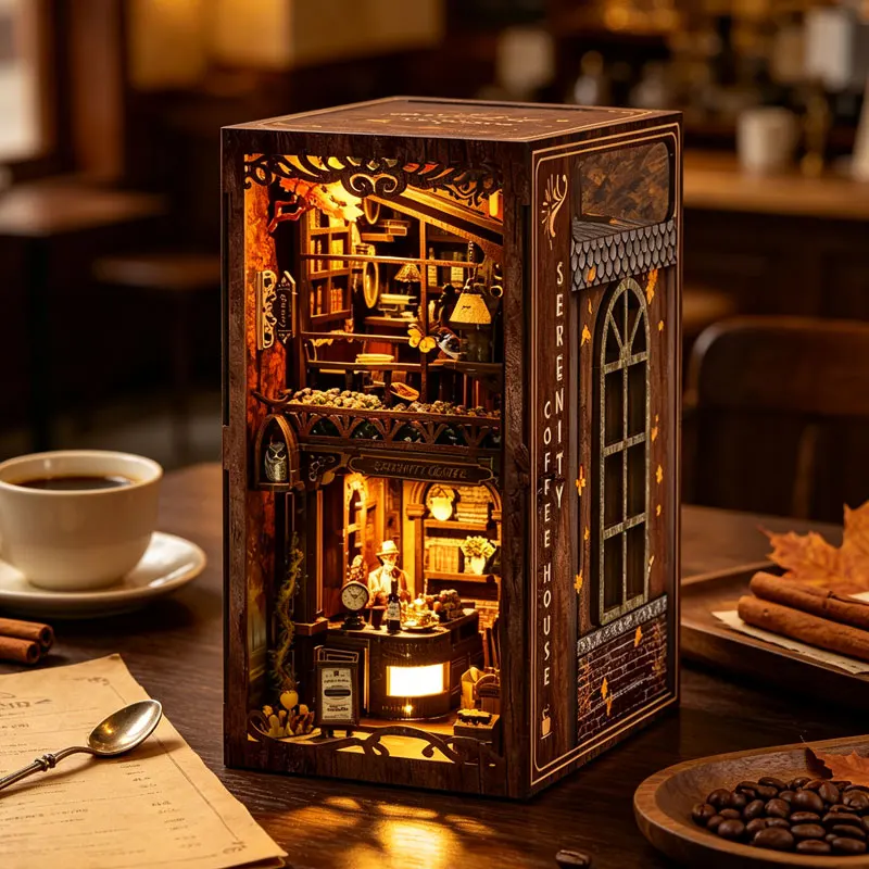 DIY Book Nook Kit 3D Puzzle Assembly Building Model Bookshelf Miniature Dollhouse Bookshelf Insert with LED Light For Xmas Gifts