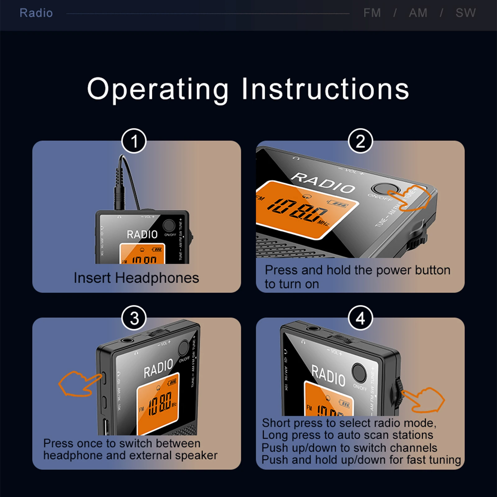 Przenośne radio z ładowaniem Type-C, radio tranzystorowe AM/FM, cyfrowy odbiornik radiowy z podświetleniem LCD do biegania/na siłownię/kempingu