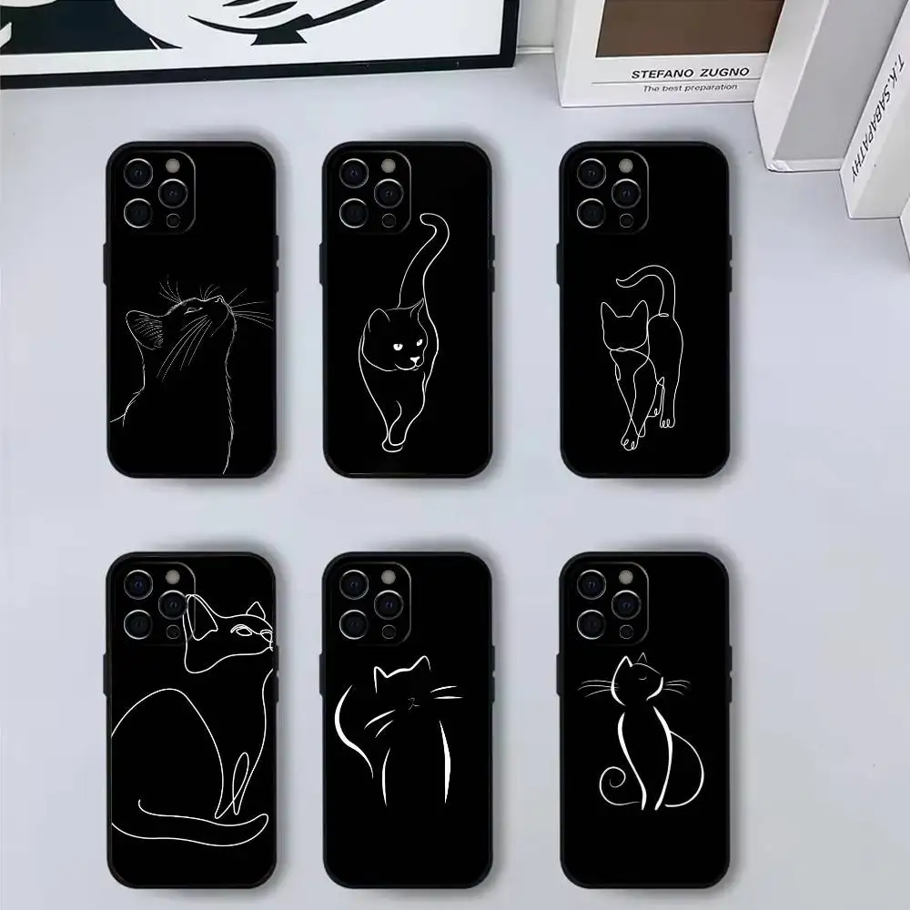 

Cute Cat Line Black Phone Case For iPhone 17,16,15,14,13,12,11 Plus,Pro Max,Soft Silicone Black Cover