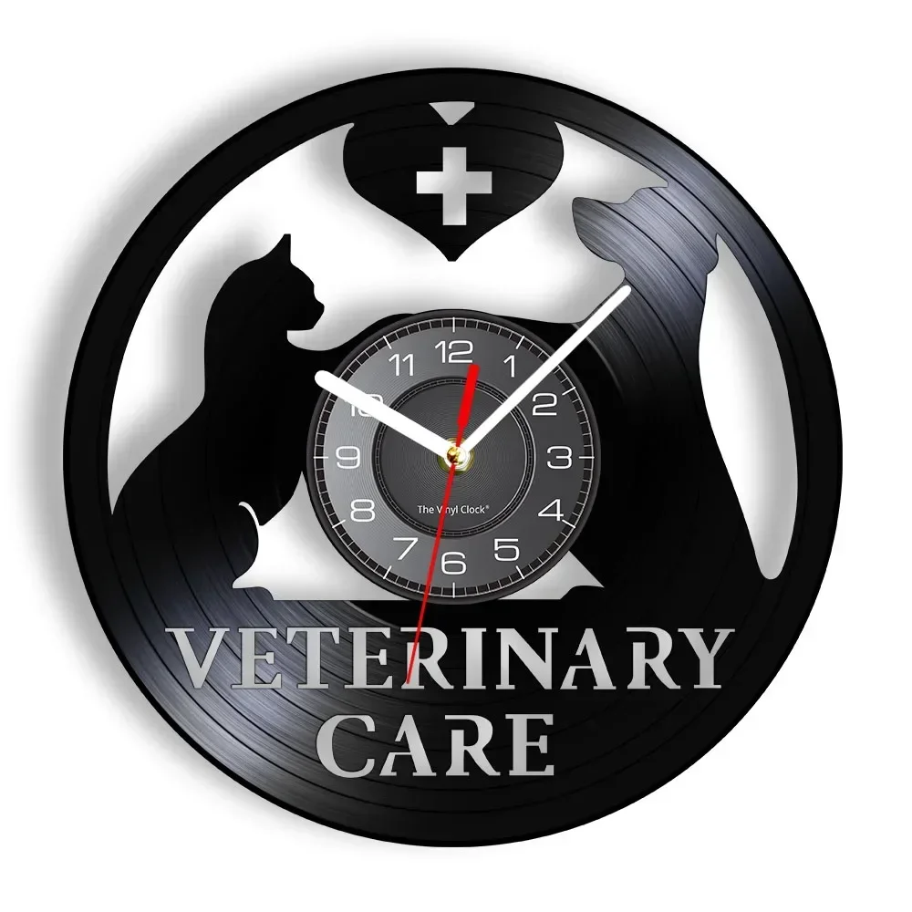 Dog Cat Veterinary Care Vinyl Record Wall Clock Veterinary Clinic Wall Art Decorative Wall Watch Pet Vet Care Animal Lover Gift