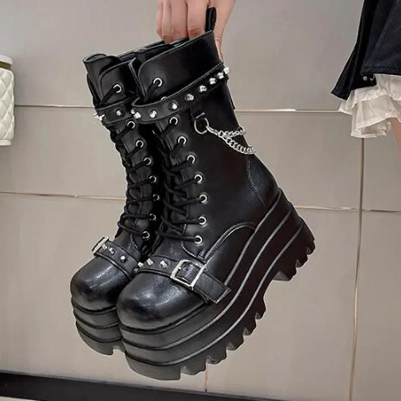 جديد الخريف الفاخرة Winte منصة النساء حذاء من الجلد القوطية نمط كول النساء أحذية قتالية العلامة التجارية الشارع النساء حذاء التمهيد حجم كبير 42 #5