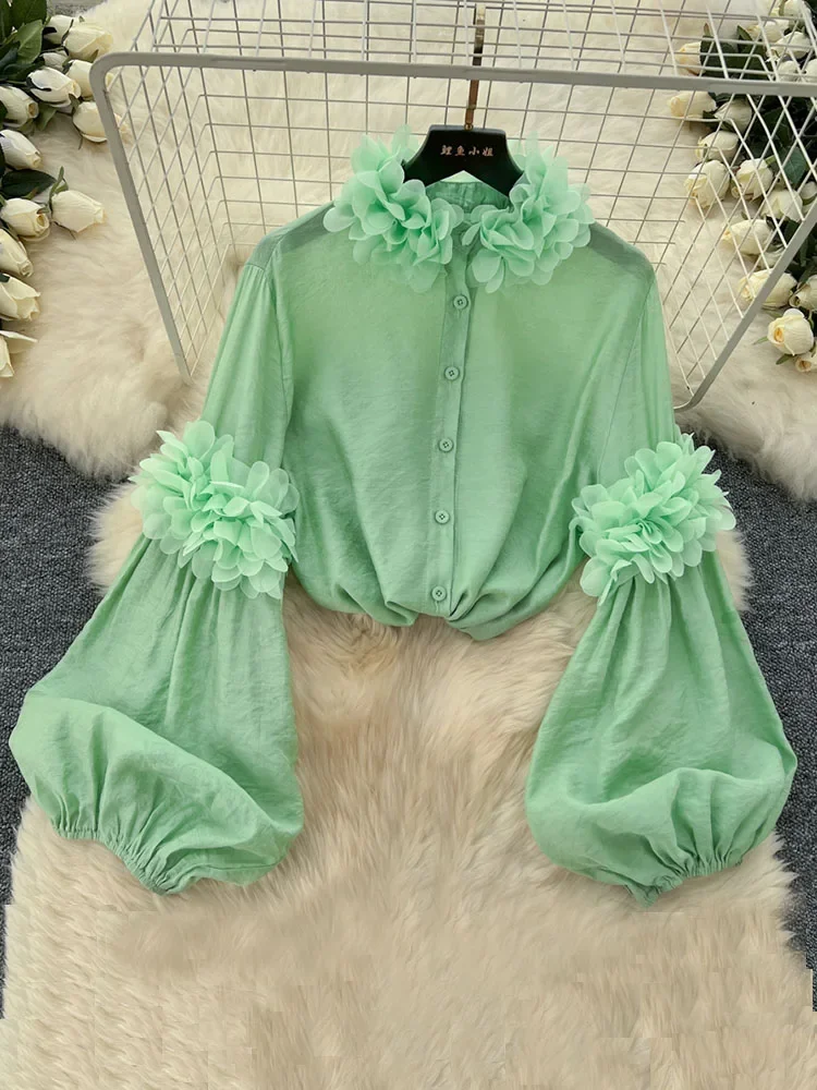 Bubble Sleeve Tuxedo Shirts for Women in Spring Autumn Sweet Three-dimensional Floral Temperament Trendy Blouse Top C126