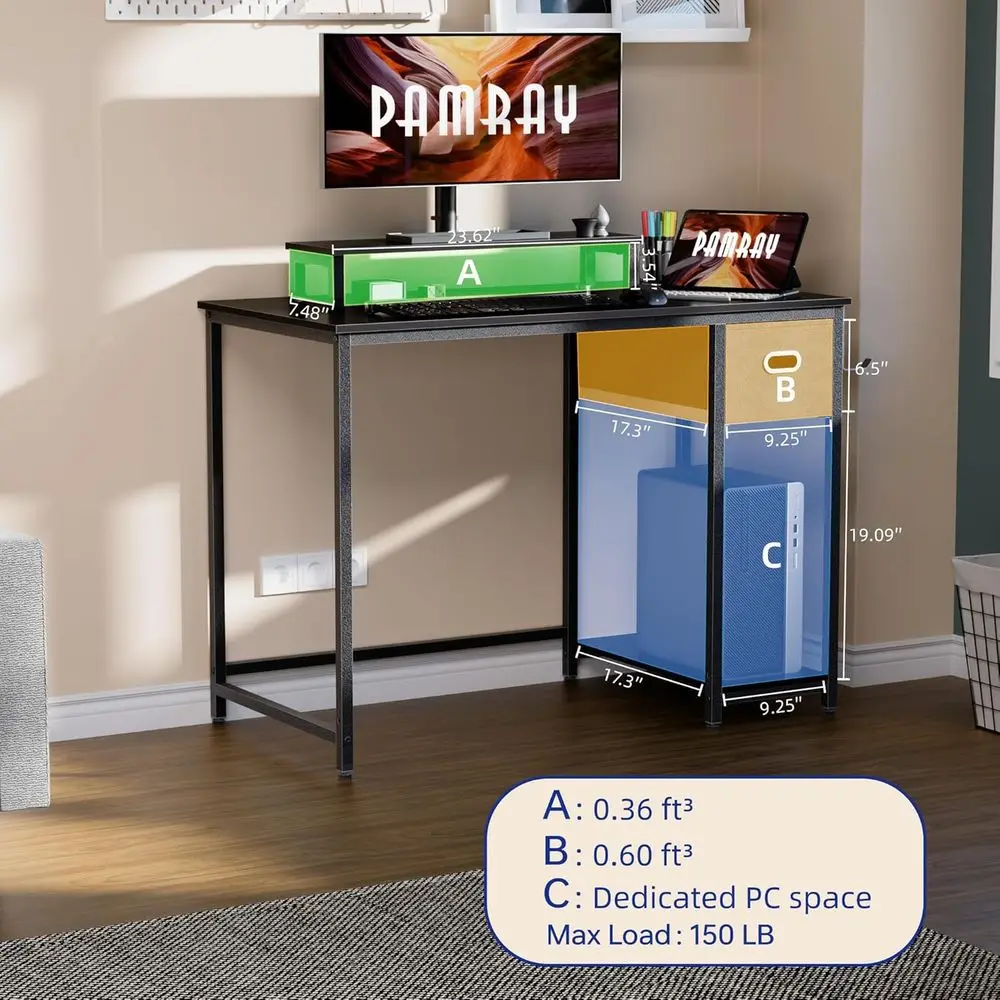 39 Inch Computer Desk with Monitor Stand Small Home Office Desks with Non-Woven Storage Drawer for Bedroom Study Table Writing a